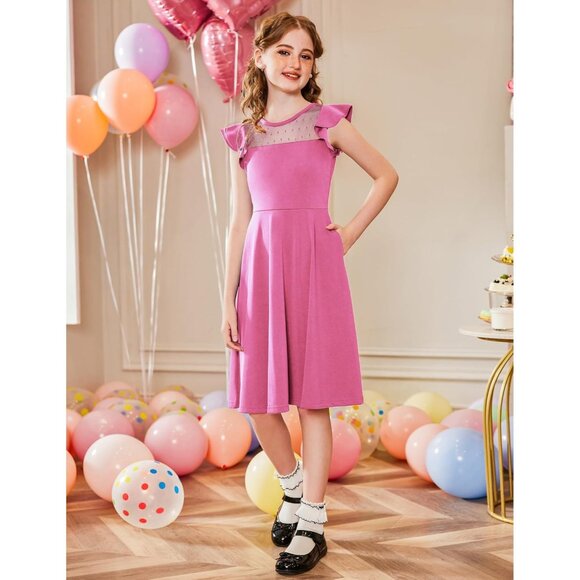 🆕Girls Hot Pink Polyester Summer Dress Ruffle Sleeve Mesh A-Line Casual Party - Picture 3 of 7